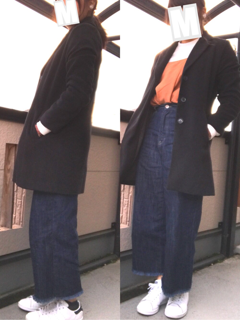 ブラック系のチェスターコート、ブルー系のデニムパンツ、ブラウン系のキャミソールを着用したレディースの冬コーディネートの1枚目の写真