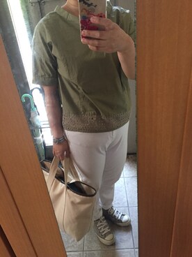 「カーキ×ホワイト」｜もりひろこさん（レディース・152cm）の夏コーディネート