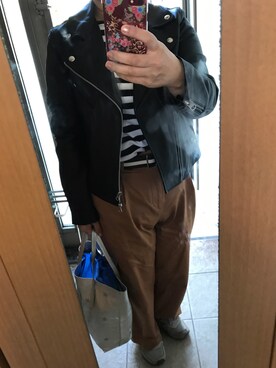 「SLOBE IENA」｜「アイテム（ライダースジャケット）」を使った、もりひろこさん（レディース・152cm）の秋コーディネート