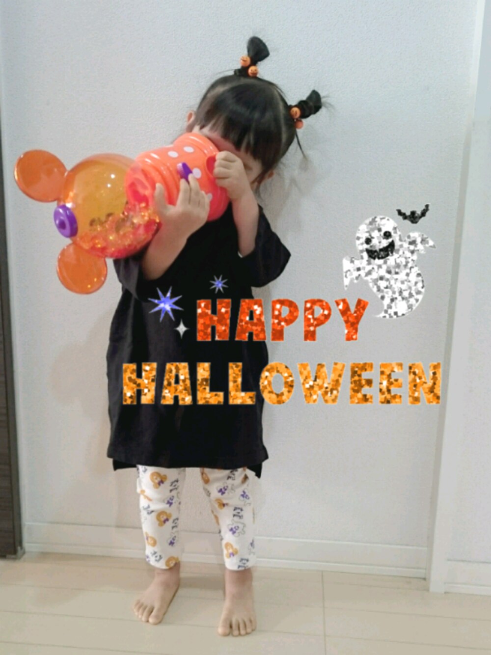 「ハロウィン、女の子コーデ、シンプルコーデ、ハロウィンコーデ、3歳」｜「BRANSHESのビックシルエットワンピース（ワンピース、ブラック系）」を使った、Ｒｉさん（キッズ・90cm）の秋コーディネートの1枚目の写真