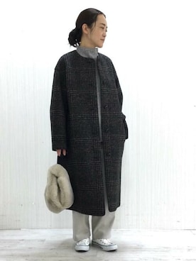 「アイテム（ノーカラーコート）」を使った、Yokoさん（レディース・158cm）の秋コーディネート