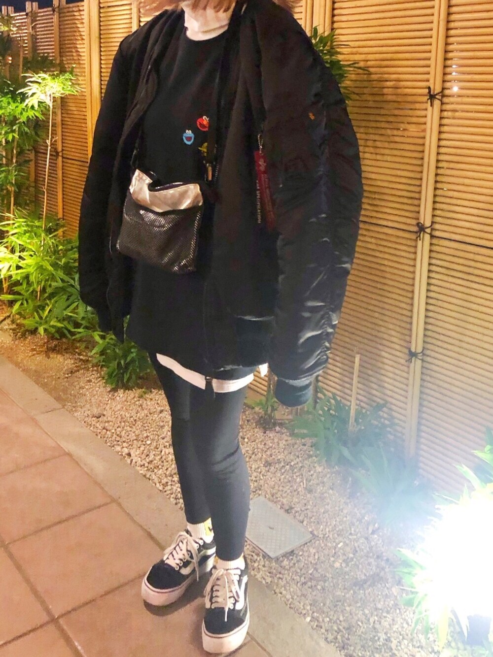 ブラック系のMA-1、ブラック系のトップス、シルバー系のボディバッグ/ウエストポーチを着用したレディースの秋コーディネートの1枚目の写真