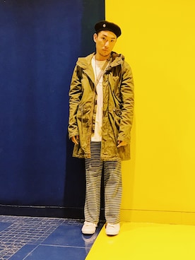 「TOPMAN（トップマン）のアイテム（ハンチング/ベレー帽）」を使った、Ethan Chuさん（メンズ・172cm）の冬コーディネート