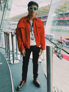 「red」｜「アイテム（デニムジャケット）」を使った、Ethan Chuさん（メンズ・172cm）の春コーディネート