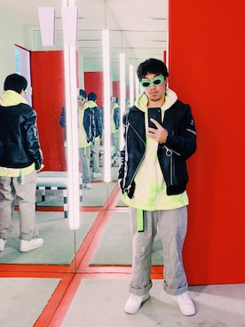 「Polo Ralph Lauren」｜「アイテム（ライダースジャケット）」を使った、Ethan Chuさん（メンズ・172cm）の春コーディネート