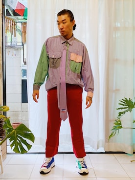 「H&M（エイチ・アンド・エム）のアイテム（スウェットパンツ）」を使った、Ethan Chuさん（メンズ・172cm）の春コーディネート