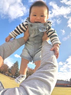 「アイテム（ロンパース、グリーン系）」を使った、ytr324さん（キッズ・70cm）の冬コーディネート