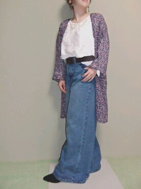 「earth music&ecology（アースミュージックアンドエコロジー）のCOTTON USA デニムパンツ(ベイカー) ○（デニムパンツ、ブルー系）」を使った、双葉さん（レディース・150cm）の秋コーディネート
