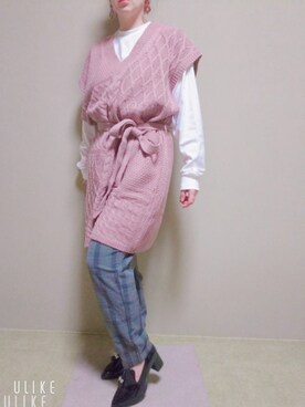 「earth music&ecology（アースミュージックアンドエコロジー）の【広瀬すず×earth】SET2点ケーブルニットベスト+ロンT（ニット/セーター、ピンク系）」を使った、双葉さん（レディース・150cm）の秋コーディネート