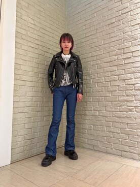 「でにむ」｜「アイテム（ライダースジャケット）」を使った、ゆうかさん（レディース・164cm）の冬コーディネート