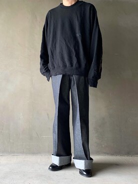 「JOHN LAWRENCE SULLIVAN（ジョンローレンスサリバン）のRIGID DENIM WIDE PANTS（デニムパンツ）」を使った、HeHOさん（メンズ・173cm）の春コーディネート