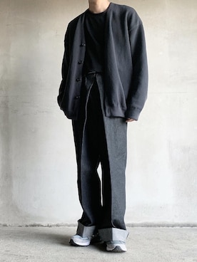 「JOHN LAWRENCE SULLIVAN（ジョンローレンスサリバン）のRIGID DENIM WIDE PANTS（デニムパンツ）」を使った、HeHOさん（メンズ・173cm）の春コーディネート