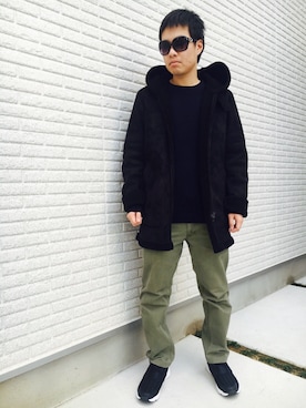 「BEAMS（ビームス）のアイテム（ムートンコート）」を使った、ゆうゆうさん（メンズ・170cm）の冬コーディネート