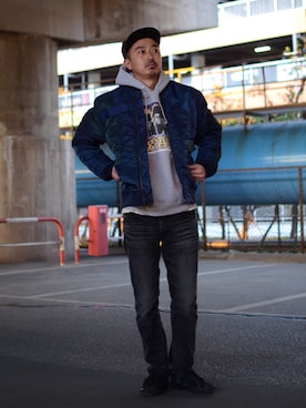 「schott（ショット）のアイテム（MA-1）」を使った、idaさん（メンズ・179cm）の冬コーディネート