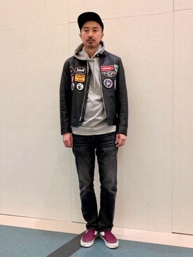 「ワッペン」｜「アイテム（ライダースジャケット）」を使った、idaさん（メンズ・179cm）の冬コーディネート