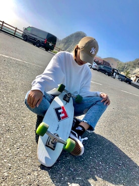 「サーフィン」｜「アイテム（帽子）」を使った、76hano0さん（レディース・163cm）の春コーディネート