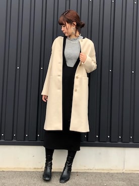 「Green　Parks（グリーンパークス）のアイテム（ノーカラーコート）」を使った、yokoyama_yuuuさん（レディース・173cm）の冬コーディネート