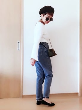 「フレアスリーブ」｜「アイテム（ハンチング/ベレー帽）」を使った、maikoroさん（レディース・158cm）の春コーディネート