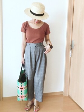 「グレンチェック」｜「アイテム（ビーチサンダル）」を使った、maikoroさん（レディース・158cm）の夏コーディネート