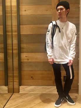 「Champion（チャンピオン）のアイテム（ニットキャップ/ビーニー）」を使った、やんぬ(はらだ)さん（メンズ・165cm）の春コーディネート
