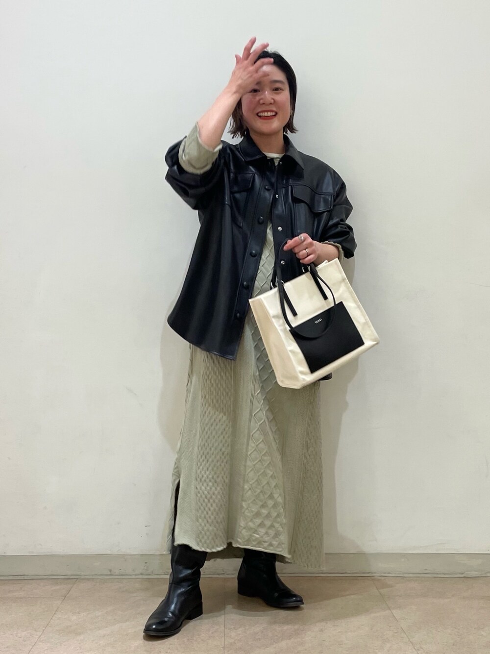 「カジュアルコーデ、ロングブーツ、レザージャケット、yahki、Ray BEAMS」｜「REMMEのアイテム（ブーツ、ブラック系）」を使った、yamashita  aiさん（レディース・158cm）の冬コーディネートの1枚目の写真