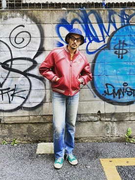 「アイテム（ミリタリージャケット、レッド系）」を使った、奥野翼さん（メンズ・180cm）の夏コーディネート