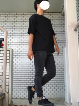 「JUNRED（ジュンレッド）のUSAコットンビッグＴシャツ（Tシャツ/カットソー、ブラック系）」を使った、Yさん（メンズ・175cm）の夏コーディネート