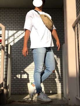 「JUNRED（ジュンレッド）のUSAコットンビッグＴシャツ（Tシャツ/カットソー、ホワイト系）」を使った、Yさん（メンズ・175cm）の夏コーディネート