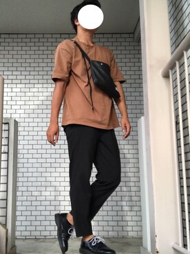 「HARE（ハレ）の2WAYストレッチテーパードアンクルパンツ(HARE)（スラックス、ブラック系）」を使った、Yさん（メンズ・175cm）の夏コーディネート