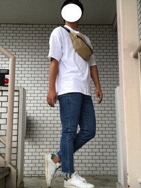 「JUNRED（ジュンレッド）のUSAコットンビッグＴシャツ（Tシャツ/カットソー、ホワイト系）」を使った、Yさん（メンズ・175cm）の夏コーディネート