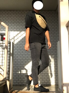 「JUNRED（ジュンレッド）のUSAコットンビッグＴシャツ（Tシャツ/カットソー、ブラック系）」を使った、Yさん（メンズ・175cm）の夏コーディネート