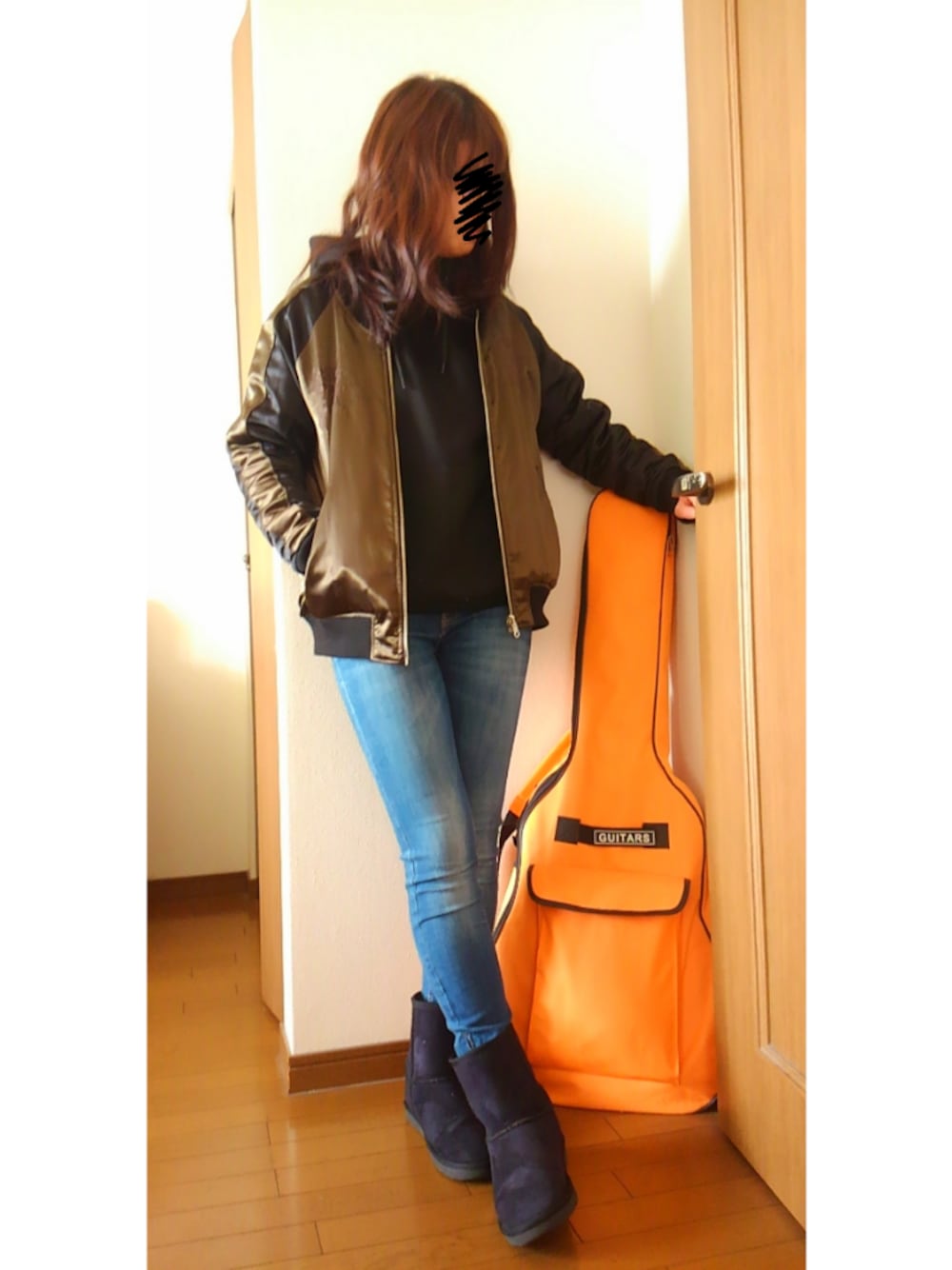 「スカジャン、パーカー、ショートブーツ、スキニーデニム、ZARA、GU、ちょいワル」｜「BLISS POINTのアイテム（スカジャン、その他）」を使った、nyan♡さん（レディース・160cm）の冬コーディネートの1枚目の写真