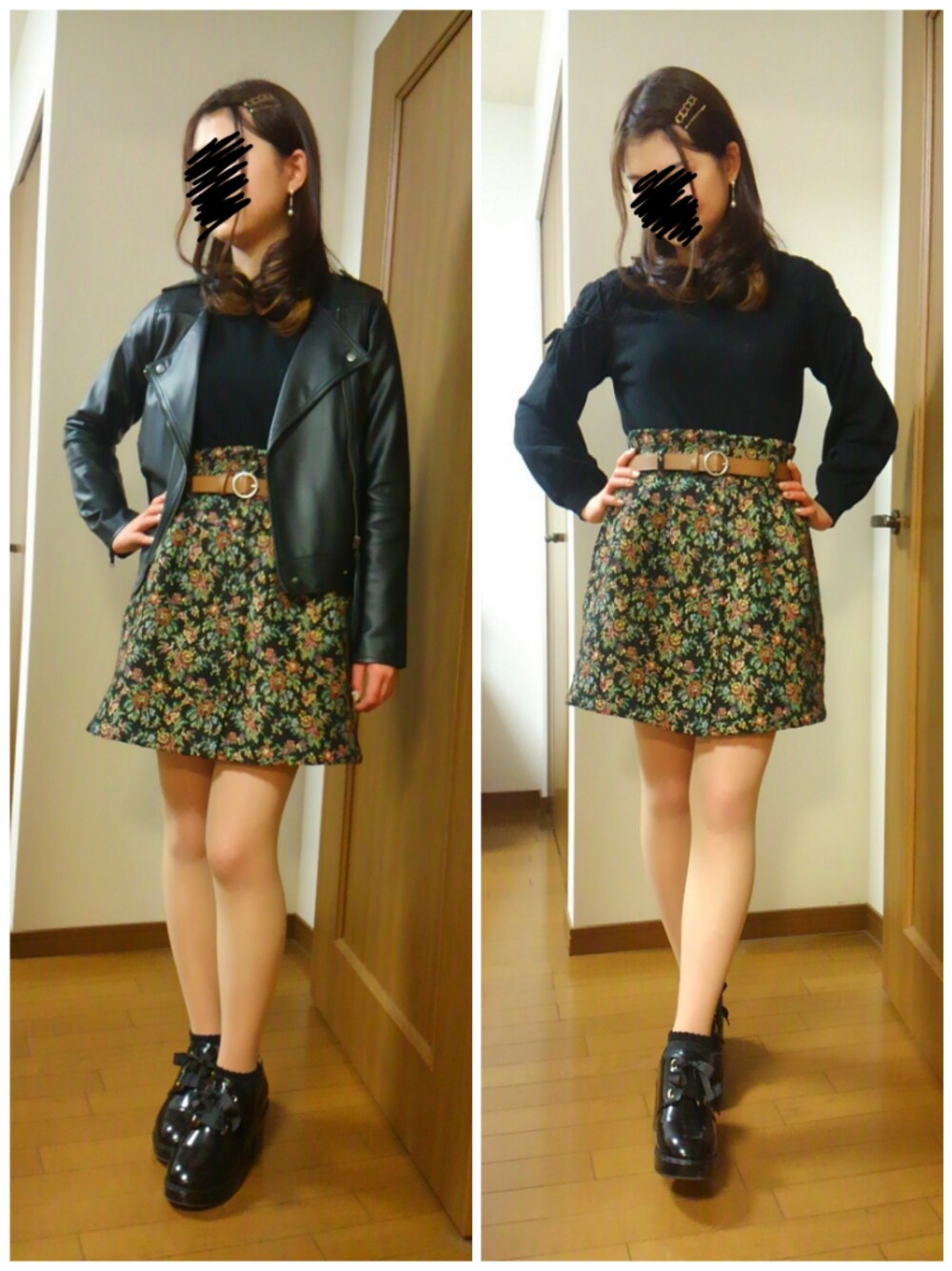 「甘辛mix、花柄、ミニスカート、革ジャン、着回しコーデ、プチプラ、私の推しブランド」｜「MAJESTIC LEGONのアイテム（ニット/セーター、ブラック系）」を使った、nyan♡さん（レディース・160cm）の冬コーディネートの1枚目の写真