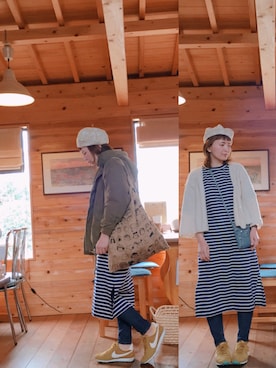 「デニムレギンス」｜「アイテム（ハンチング/ベレー帽）」を使った、meguさん（レディース・153cm）の冬コーディネート