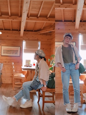 「カラーTシャツ」｜「アイテム（ハンチング/ベレー帽）」を使った、meguさん（レディース・153cm）の春コーディネート