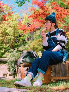 「ラガーシャツ」｜「アイテム（オールインワン・サロペット）」を使った、meguさん（レディース・153cm）の春コーディネート