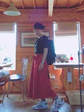 「半袖」｜「アイテム（バックパック/リュック）」を使った、meguさん（レディース・153cm）の春コーディネート