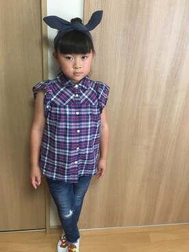 「AEON STYLE（イオンスタイル）のアイテム（シャツ/ブラウス、パープル系）」を使った、Ririiさん（キッズ・125cm）の夏コーディネート