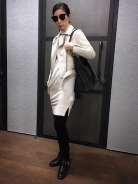 「サマーニット」｜「アイテム（ライダースジャケット）」を使った、Mayu (ALLSAINTS)さん（レディース・167cm）の夏コーディネート