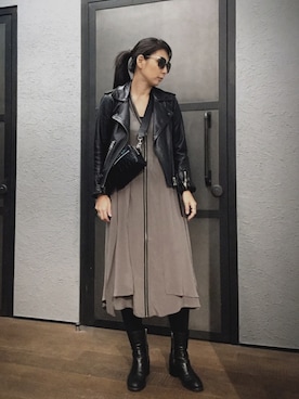 「秋のカフェオレコーデ」｜「アイテム（ライダースジャケット）」を使った、Mayu (ALLSAINTS)さん（レディース・167cm）の秋コーディネート