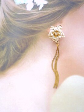 「tone（トーン）の【flua】【vintage accessory】ブライダル 2way  淡水パール ヴィンテージ  スター ヴィンテージ  チェーンタッセル イヤリング（イヤリング、ゴールド系）」を使った、flua vintageさん（レディース・152cm）の秋コーディネート