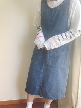 「古着女子」｜「アイテム（ジャンパースカート）」を使った、めいこさん（レディース・158cm）の春コーディネート