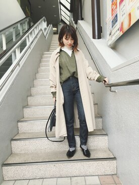 「ADAM ET ROPE'（アダムエロペ）のアイテム（ステンカラーコート）」を使った、ヤスダさん（レディース・157cm）の春コーディネート