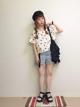 「切りっぱなしデニム」｜「アイテム（ハンチング/ベレー帽）」を使った、☆★gizmo★☆さん（レディース・159cm）の夏コーディネート
