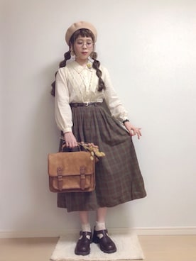 「サッチェルバッグ」｜「アイテム（ハンチング/ベレー帽）」を使った、☆★gizmo★☆さん（レディース・159cm）の春コーディネート