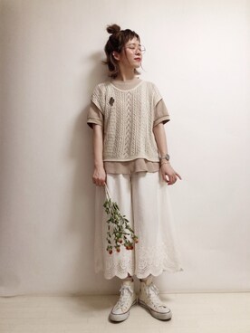 「UNIQLO（ユニクロ）のワッフルクルーネックT（5分袖）（Tシャツ/カットソー）」を使った、☆★gizmo★☆さん（レディース・160cm）の夏コーディネート