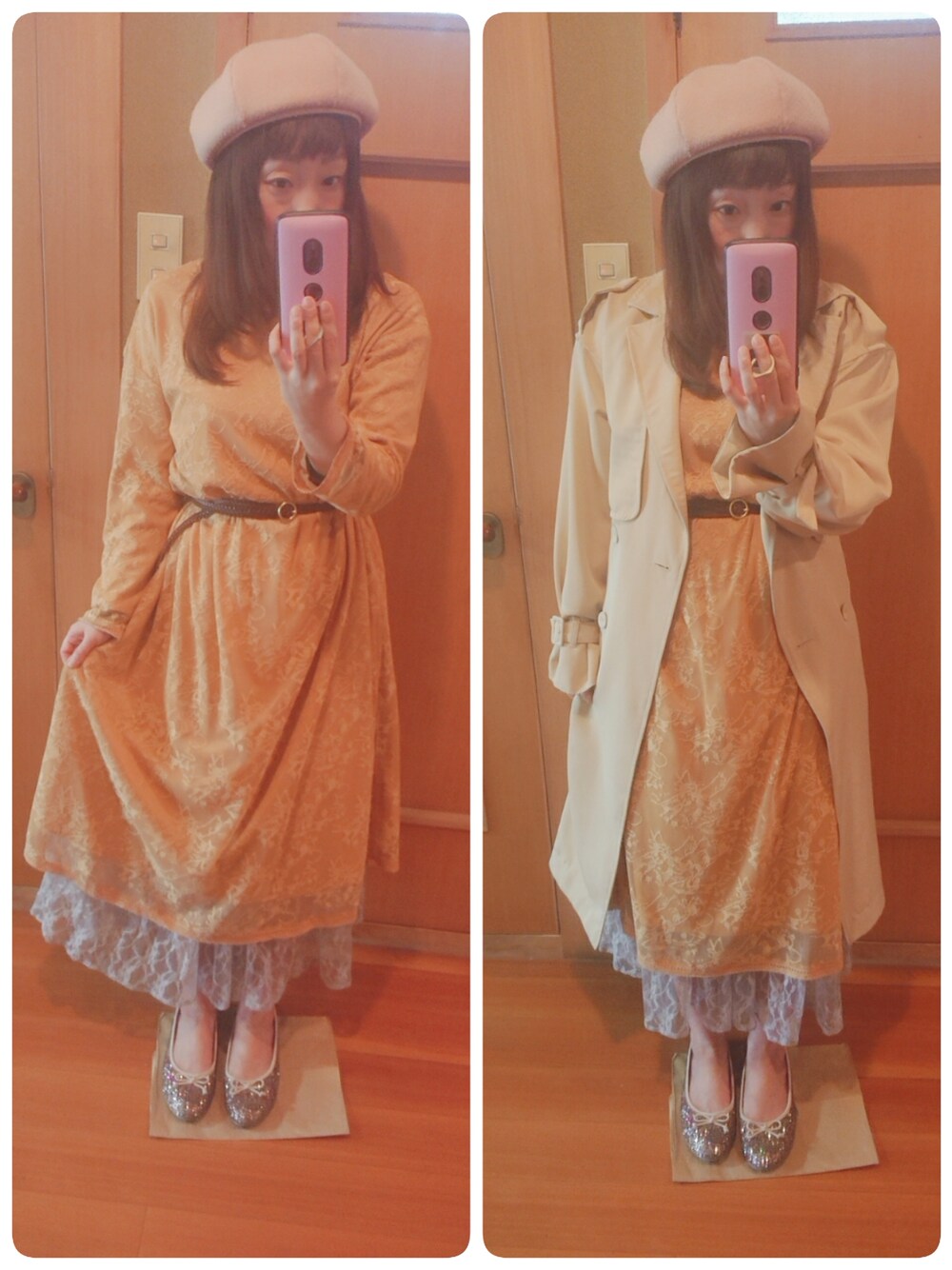 「niko and...のオリジナルパネルベレー【niko and ...】（ハンチング/ベレー帽、ピンク系）」を使った、ユーリさん（レディース・152cm）の春コーディネートの1枚目の写真