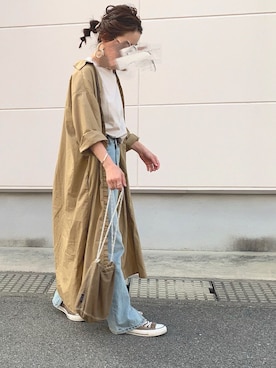 「スリットパンツ」｜「アイテム（シャツワンピース）」を使った、めそさん（レディース・157cm）の春コーディネート