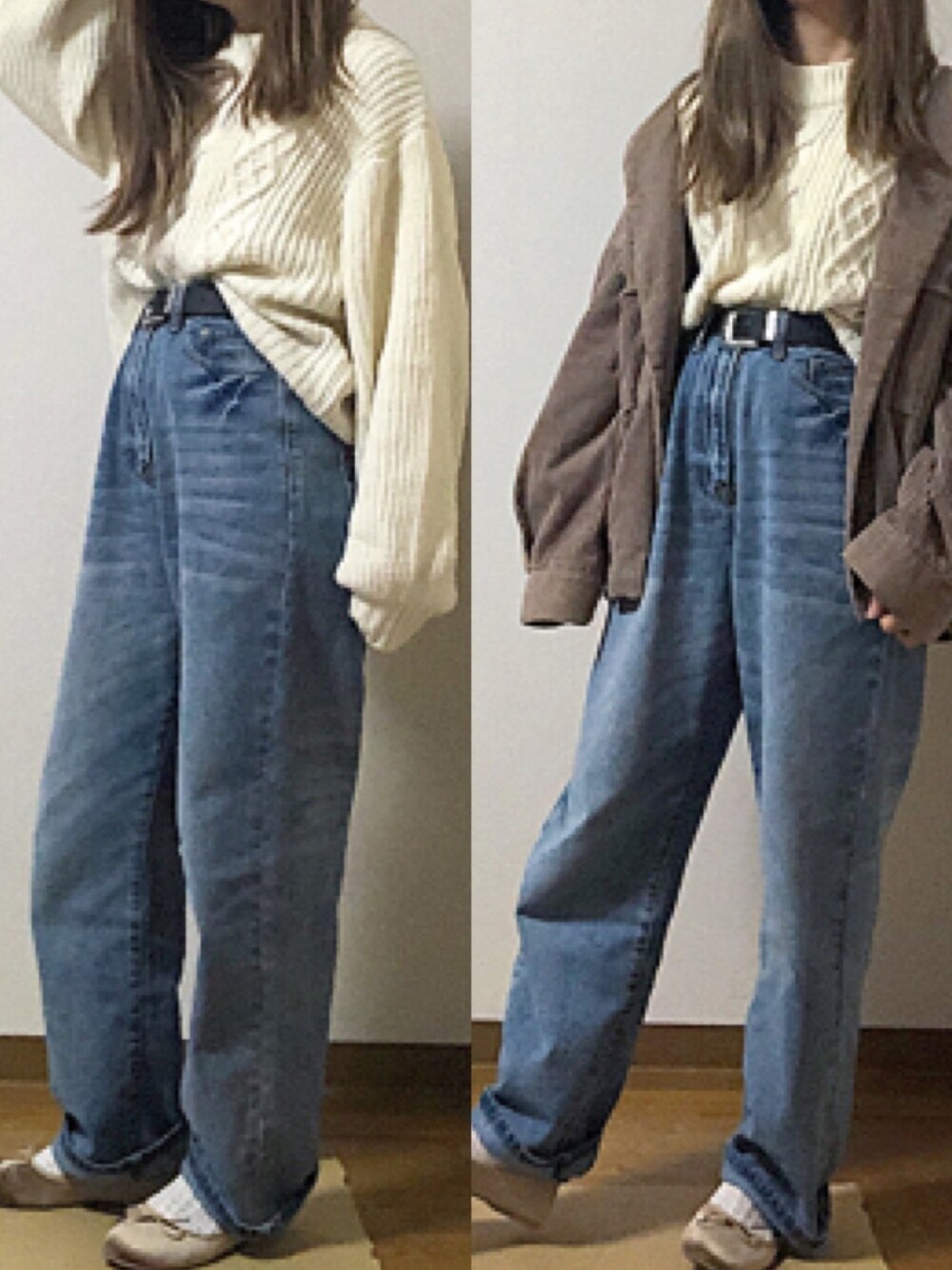「冬、オーバーサイズ、プチプラ、ニット、シンプルコーデ、冬コーデ、デニム、カジュアル」｜「w closetの3Gケーブル編みロングプルオーバー（ニット/セーター、ホワイト系）」を使った、hannaさん（レディース・154cm）の冬コーディネートの1枚目の写真