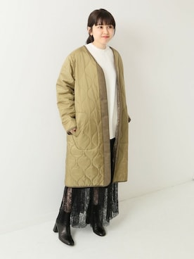 「アイテム（ノーカラージャケット、グリーン系）」を使った、saeさん（レディース・151cm）の冬コーディネート